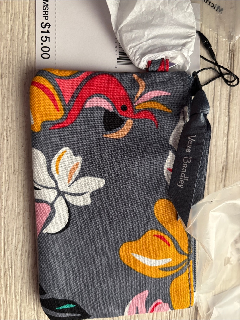 Vera Bradley BNWT Gray Floral Zip ID Case-Yellow & Pink Accents & Key Ring